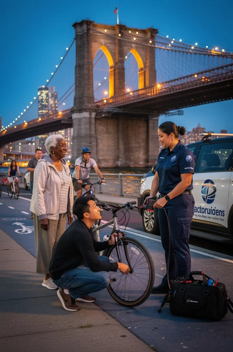 New York City urban commuter handing keys to technician at a rapid repair center with clear service signage.