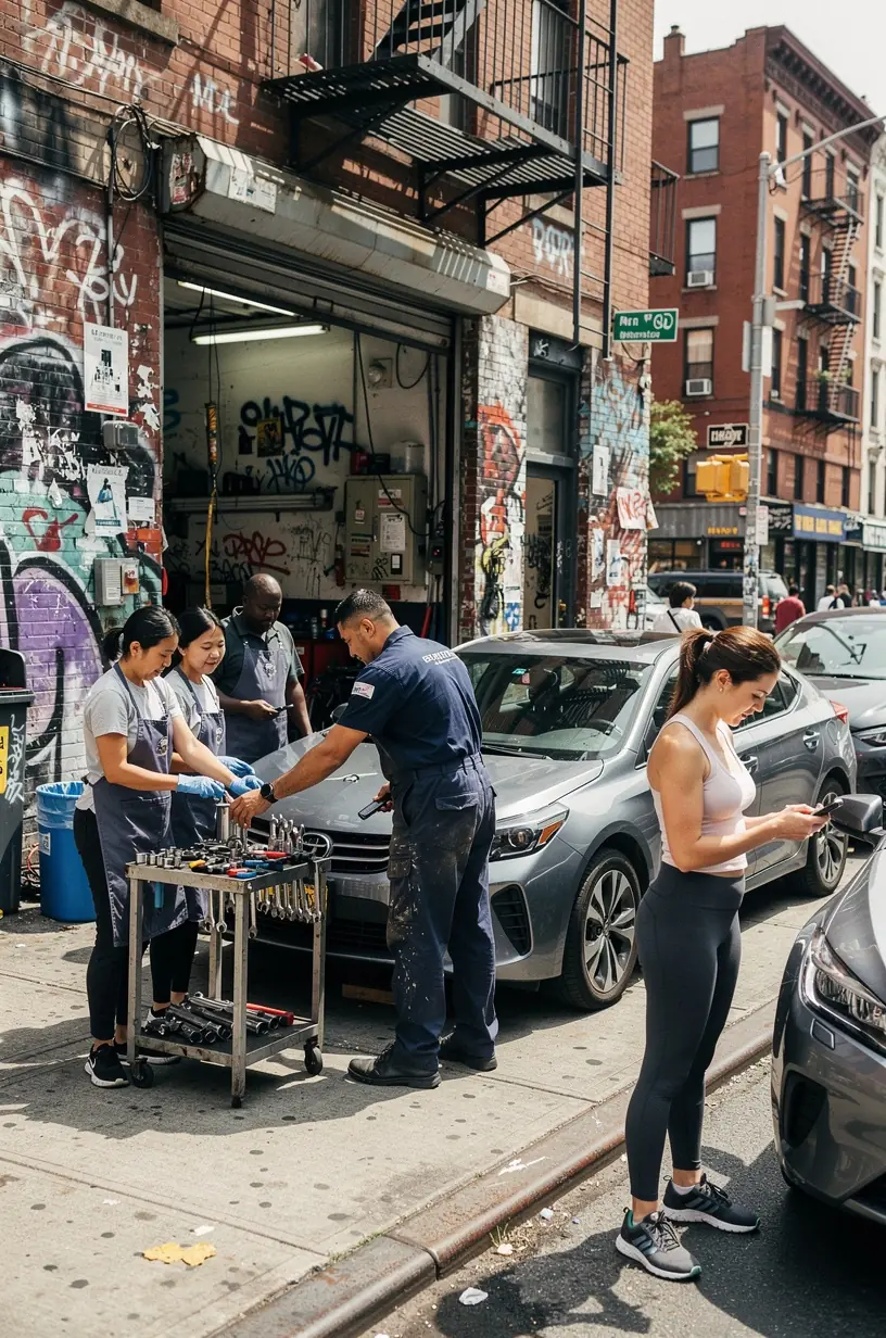 Roadside assistance vehicle parked safely on a New York avenue, equipped with emergency lighting and tools.