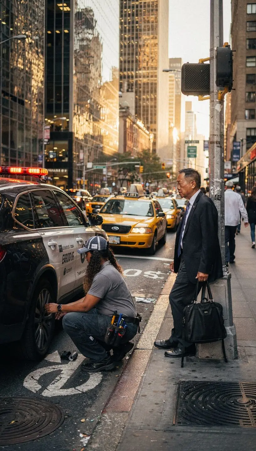 Technician explaining repair options to a New York urban commuter beside a compact car at a repair facility.