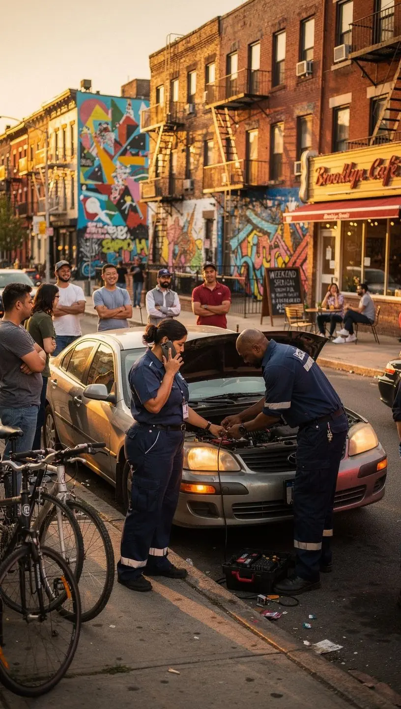 Busy New York roadside assistance dispatch center with staff coordinating rapid response for urban drivers.