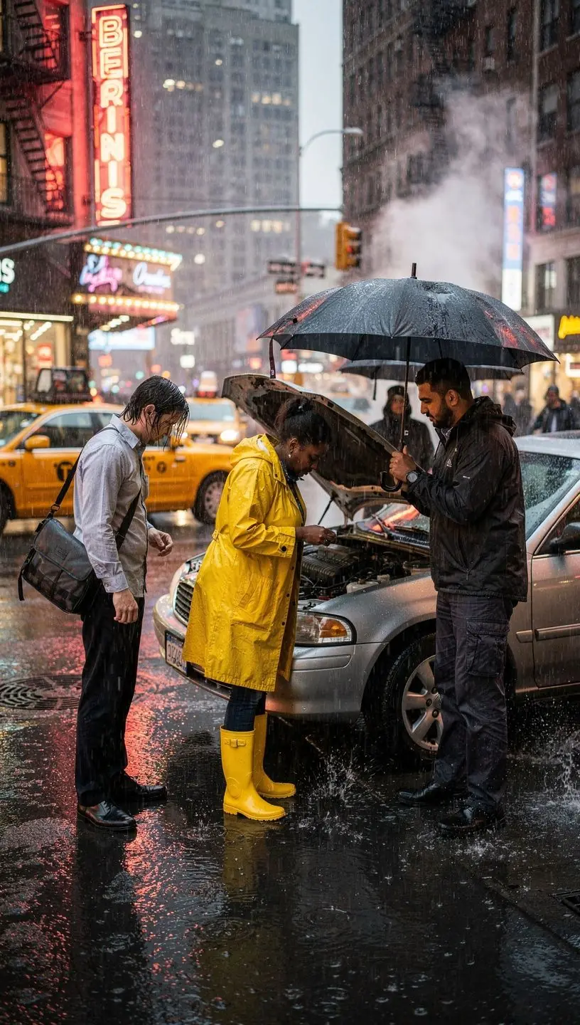 Urban commuter receiving quick battery jump-start service from a roadside assistance vehicle in New York City.